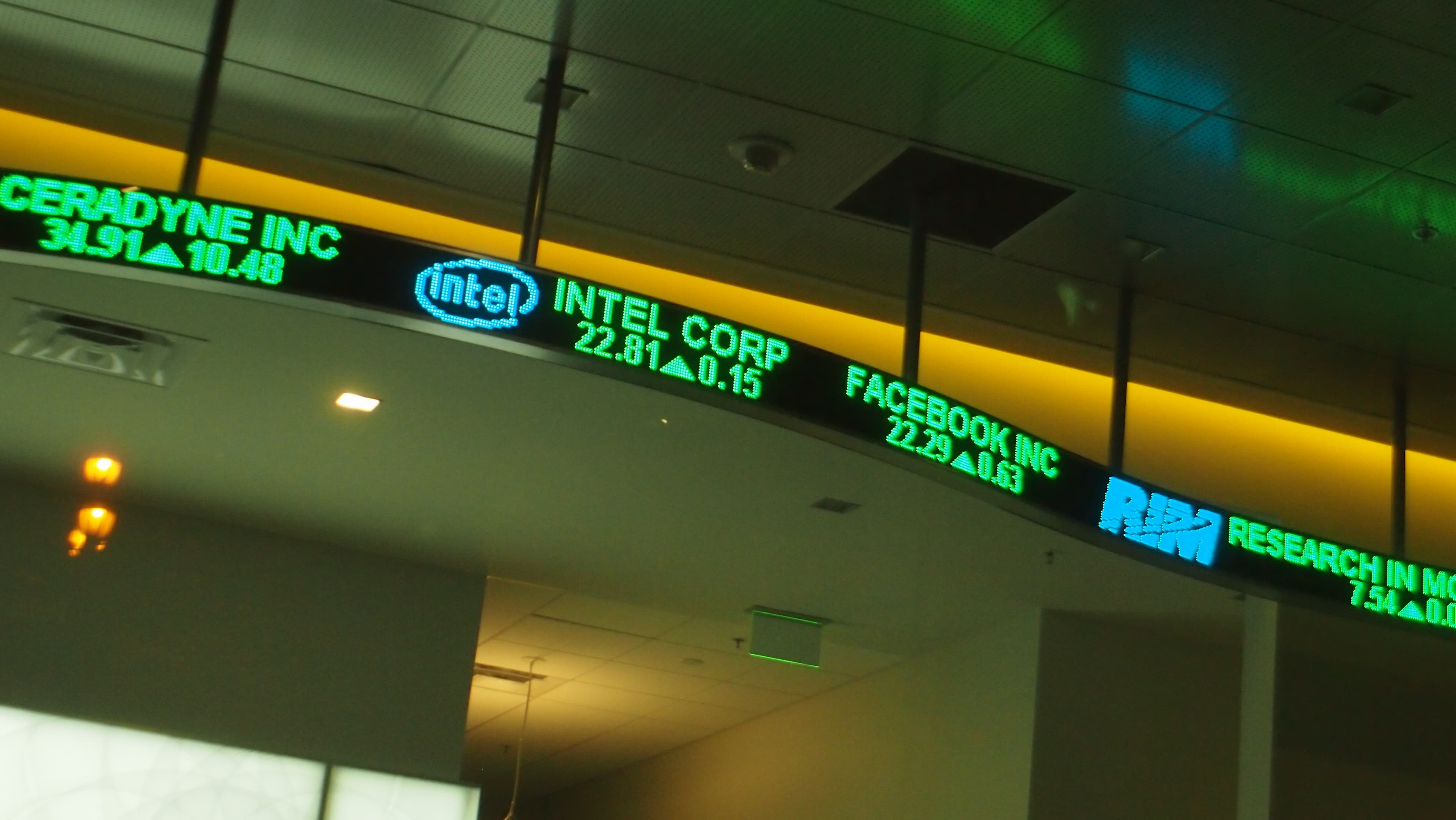 A stock market ticker board displaying prices